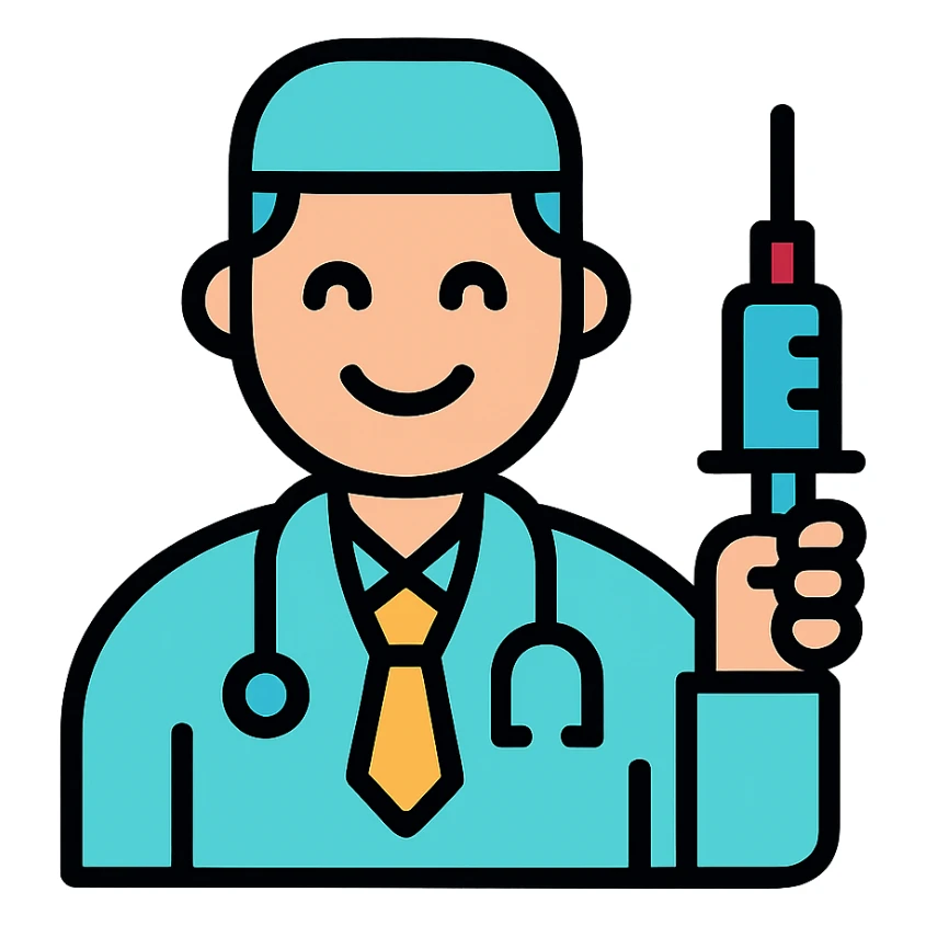happy doctor holding a syringe, color outline icon style sticker