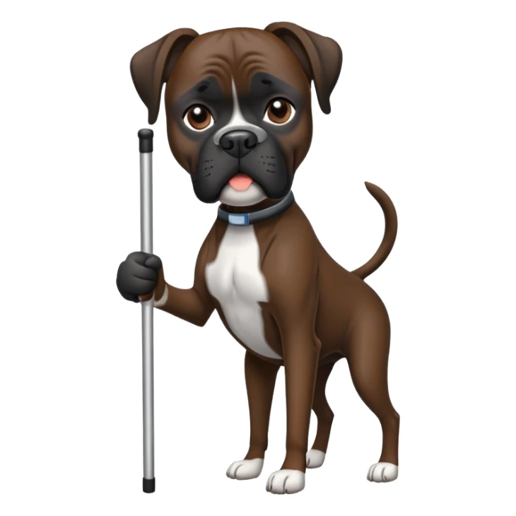 Elderly dark black boxer dog standing on hind 2 legs using one cane sticker