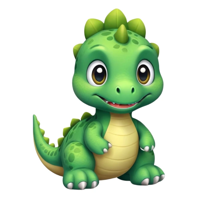 A green plush toy dinosaur with big eyes and a cute smile sticker