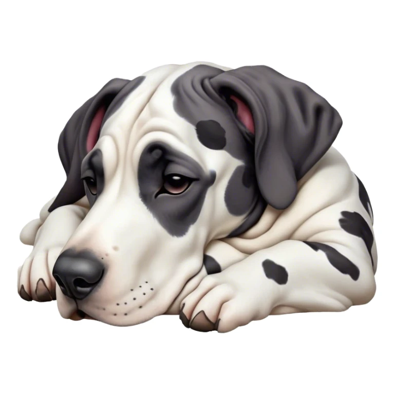 Meme-Worthy Cute Sleeping Harlequin Great Dane Portrait Emoji, Head resting peacefully with a contented smile, showcasing a delightfully majestic build and a luxuriously soft coat of predominantly white with bold black patches, eyes shut in a serene nap, Simplified yet hilariously adorable features, highly detailed, glowing with a soft, drowsy light, high shine, relaxed and utterly lovable, stylized with an air of playful laziness, bright and heartwarming, soft glowing outline, capturing the essence of a comically sleepy guardian, so meme-worthy it feels like it could instantly become the next viral sensation of adorable slumber! sticker