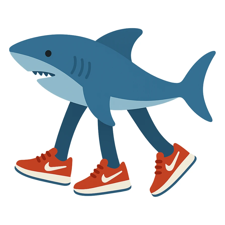 shark with three legs wearing Nike sneakers with white logo, colorful icon style, transparent background sticker