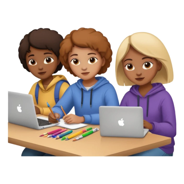 three diverse design students working on creative project with art supplies and laptops sticker