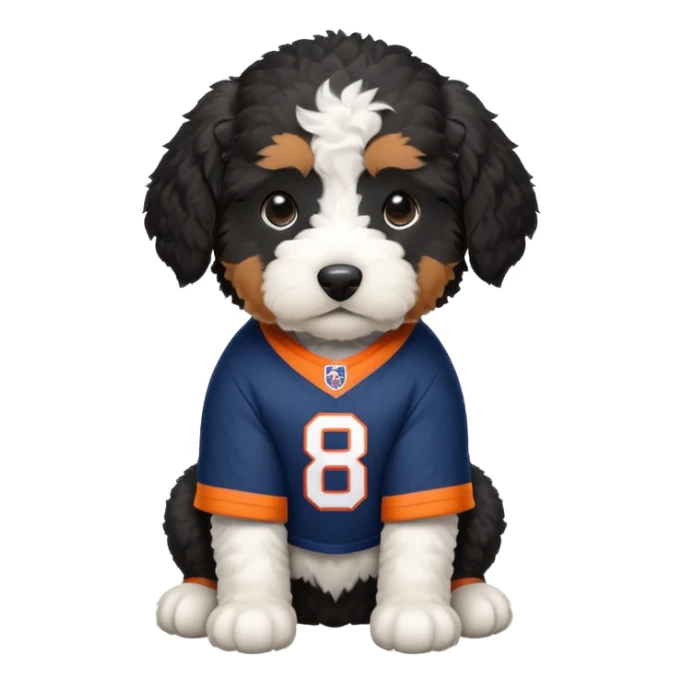 black and white bernedoodle puppy wearing broncos jersey sticker
