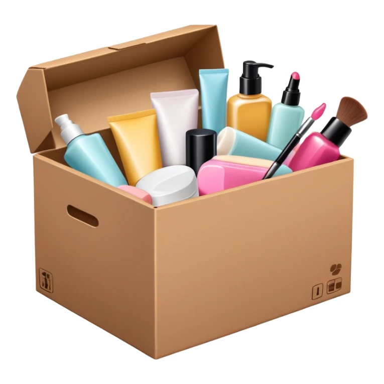 a cardboard box with assorted beauty products like compact, lotion, and nail polish spilling out sticker