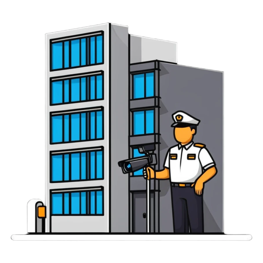 security guard monitoring building cameras sticker