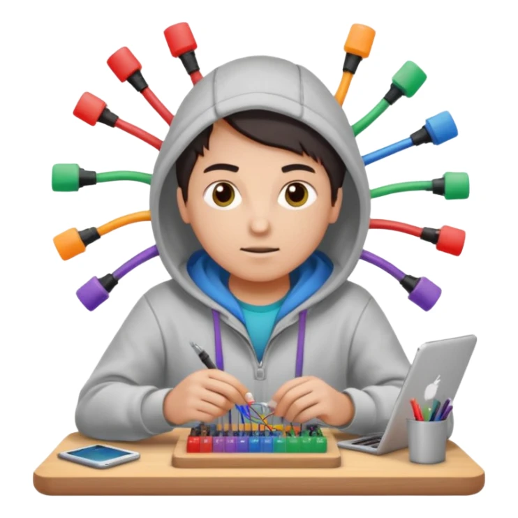 An emoji of an engineer working on a complex breadboard with many colorful wires and components. A Wi-Fi signal icon pulses above their head. They wear a hoodie and have a focused expression. Simple, cute, icon style. sticker