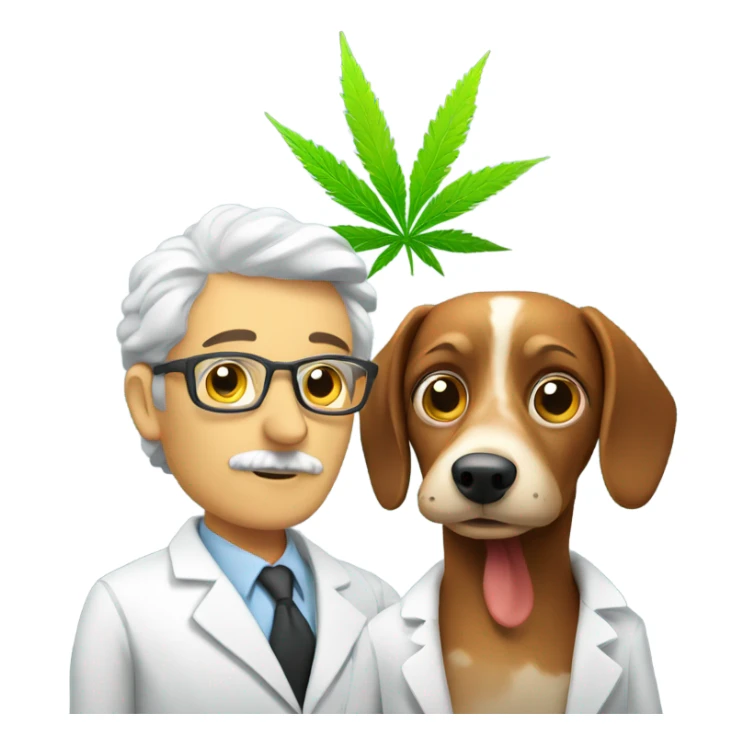 Scientist and researcher with a wiener dog and cannabis sticker