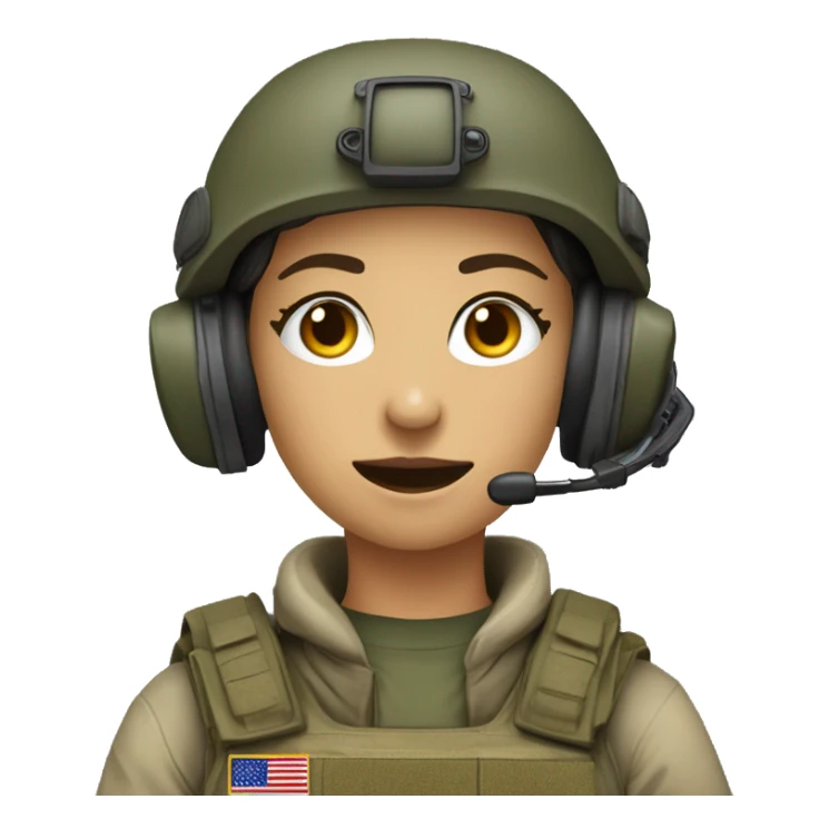 Military operator dressed with a helmet, without glasses, wearing a headset, ready to respond to alerts, preferably female, no country badge on clothes sticker
