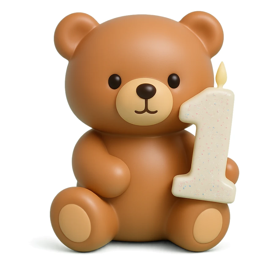 brown teddy holding sparkly number "1" candle, vinyl figure style, transparent background sticker