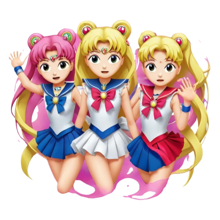 Icon for Anime: vibrant, dynamic scene with heros from Bishoujo Senshi Sailor Moon in action, featuring exaggerated expressions and colorful backgrounds. The design should reflect the distinct, energetic style of anime, with iconic eyes and unique visual elements. Transparent background. sticker