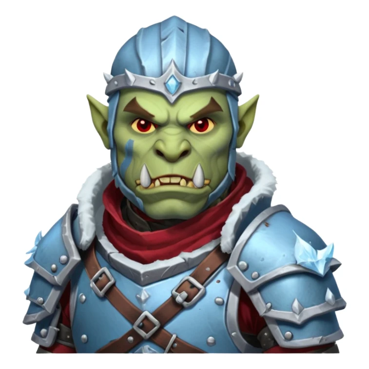 
Fantasy Christmas orc legion soldier icon, iron tundra army theme, heavy winter armor, disciplined brutal look, icy blue steel armor with deep crimson accents, frozen metal texture, cold winter atmosphere, male variant sticker