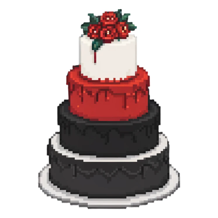 Red wedding cake with white frosting details and small roses sticker