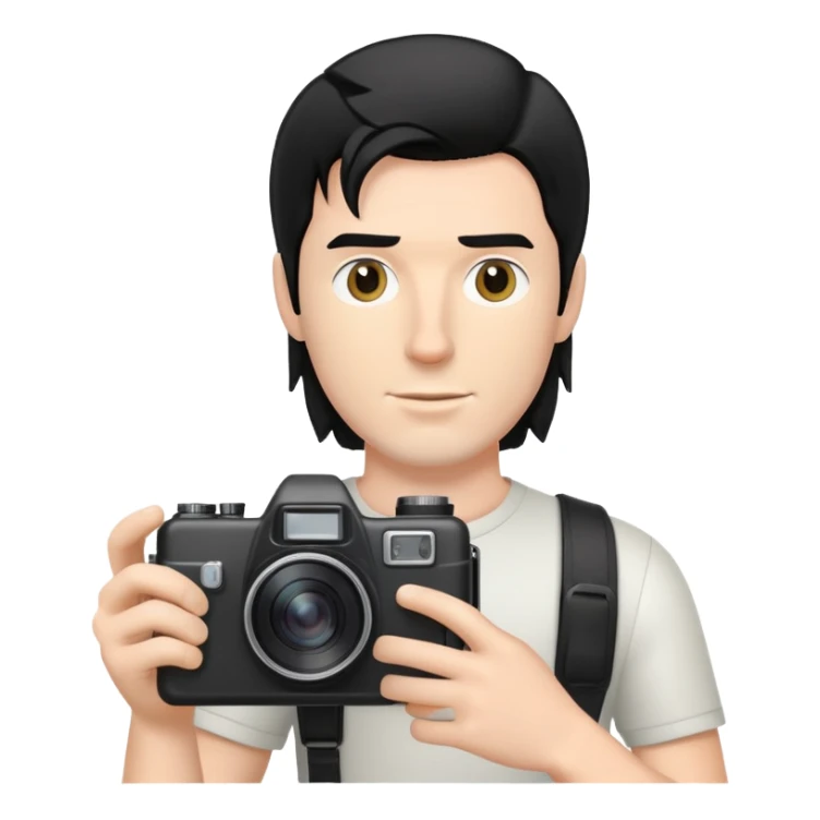 a white man with black mullet hair holding a foto camera sticker