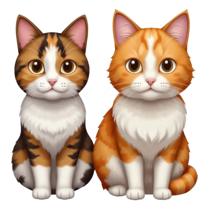 3 different coloured small cats including a dark brown tabby and white, and a patchy calico, and a ginger and white sticker