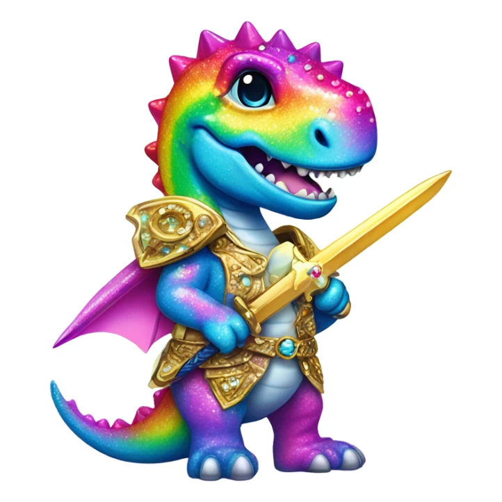 Lisa frank glitter rainbow cute dinosaur with sword and jewels sticker