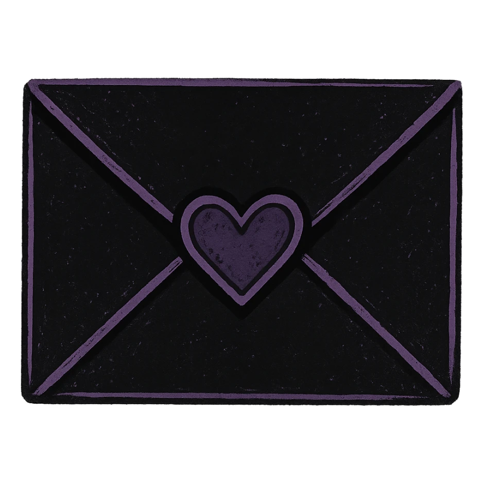 emo style black and purple envelope with a heart seal, no background sticker
