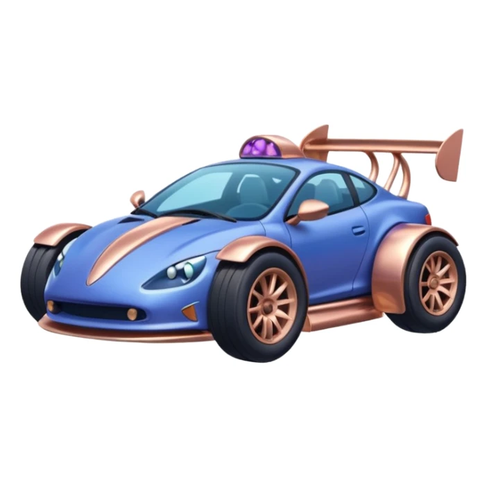 dark crystal blueberry and rosegold-accented cyber drift-racing car driven by a small cute relaxed chameleon with rear spoiler, roll bar, and wheely bar sticker