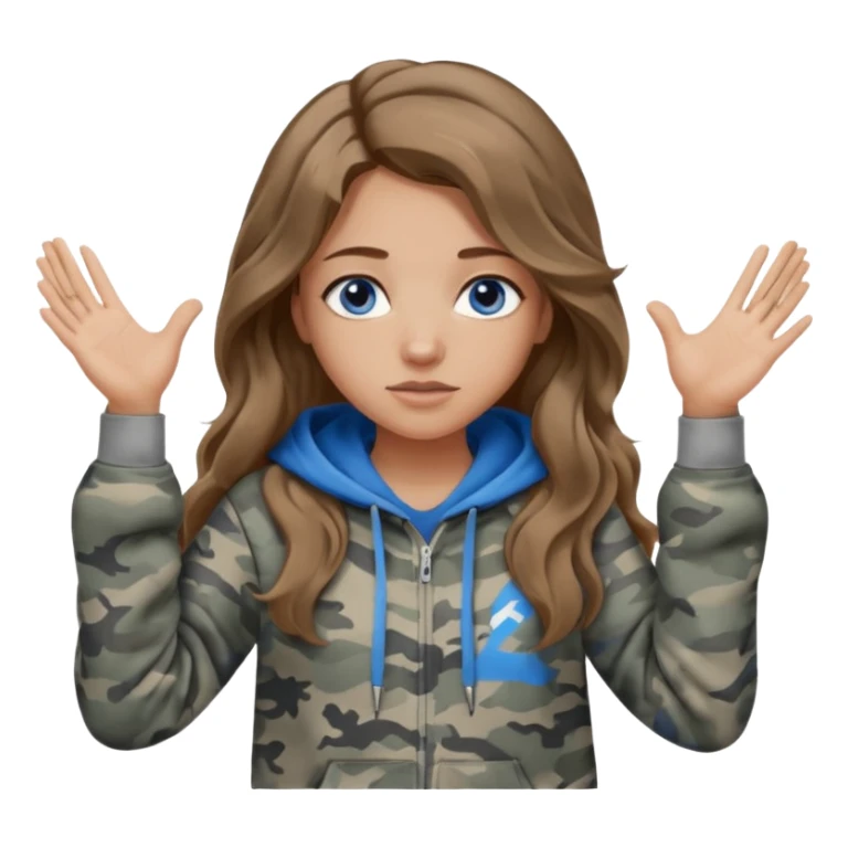 Girl with long wavy light brown hair, blue eyes , medium skin tone, wearing a gray camo hoodie  giving a I don’t know shoulder shrug with hands up sticker