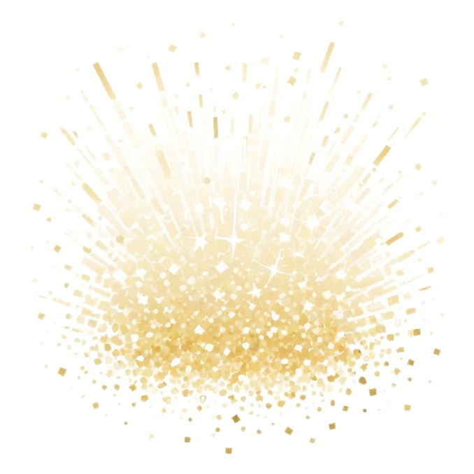Delicate, shimmering sparkles scattered gracefully, with soft glowing edges and a subtle golden or white tint. The sparkles vary in size and opacity, creating a magical and elegant effect. Flat, modern illustration, clean and minimal, white background. sticker
