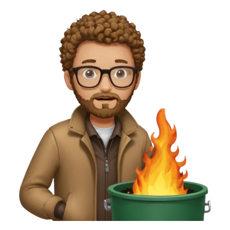 curly skinny guy with bear and glasses, heating in front of a trash bin on fire  sticker