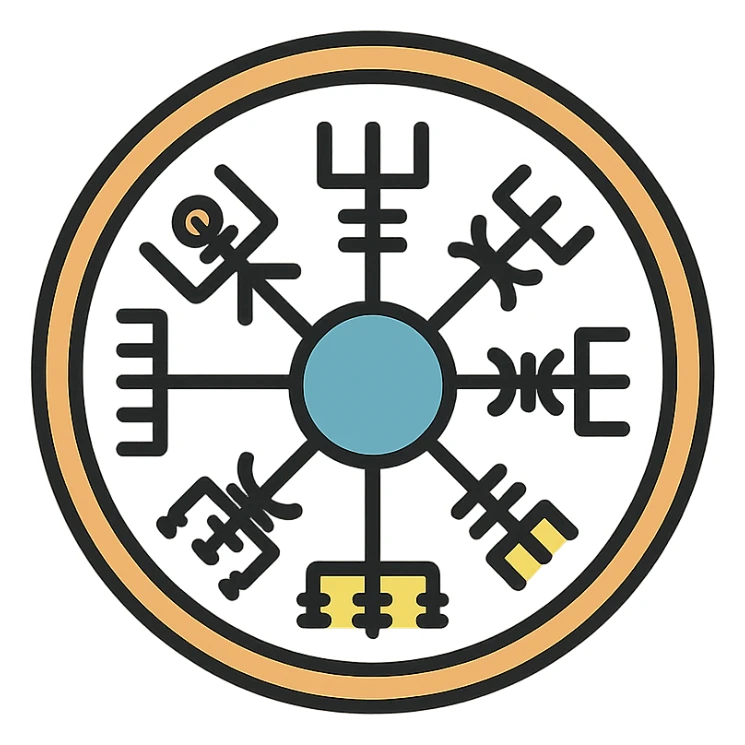 Vegvisir symbol, lineal color outlined icon, black outlines, subtle color accents sticker