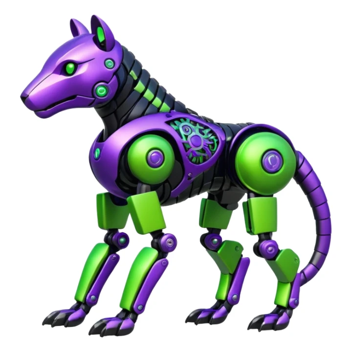 Futuristic mechanical cyborg modern badass cool shiny metallic alloy black-obsidian purple neon-green white lime animal hybrid Fakemon full body with intricate patterns sticker