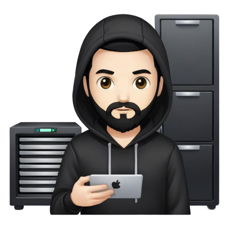 hackeur blanc cheveux noir barbe et capuche noir à côté d'un server sticker
