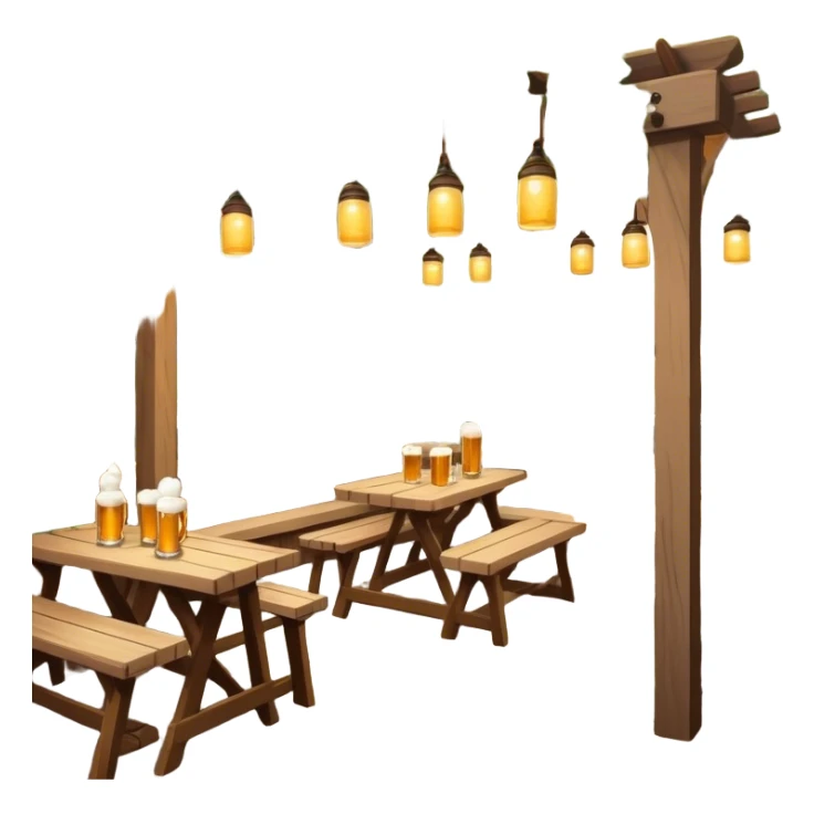 Cinematic Realistic Biergarten Pop Culture Emoji, showcasing a charming outdoor beer garden scene rendered with rustic details and inviting, soft lighting. sticker