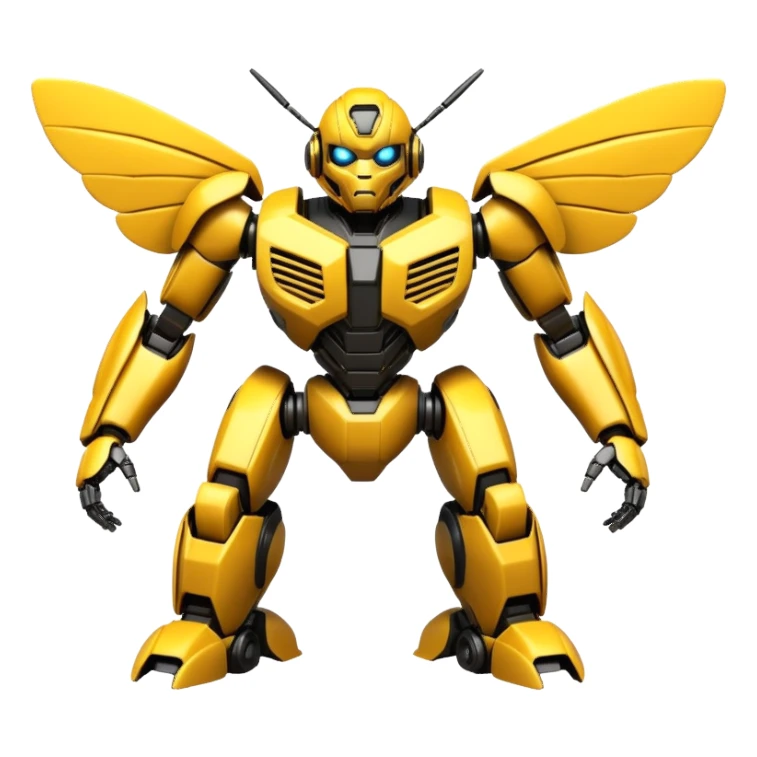 Futuristic robotic bumblebee character in the exact style of Bumblebee from Transformers movies, highly detailed 3D model sticker