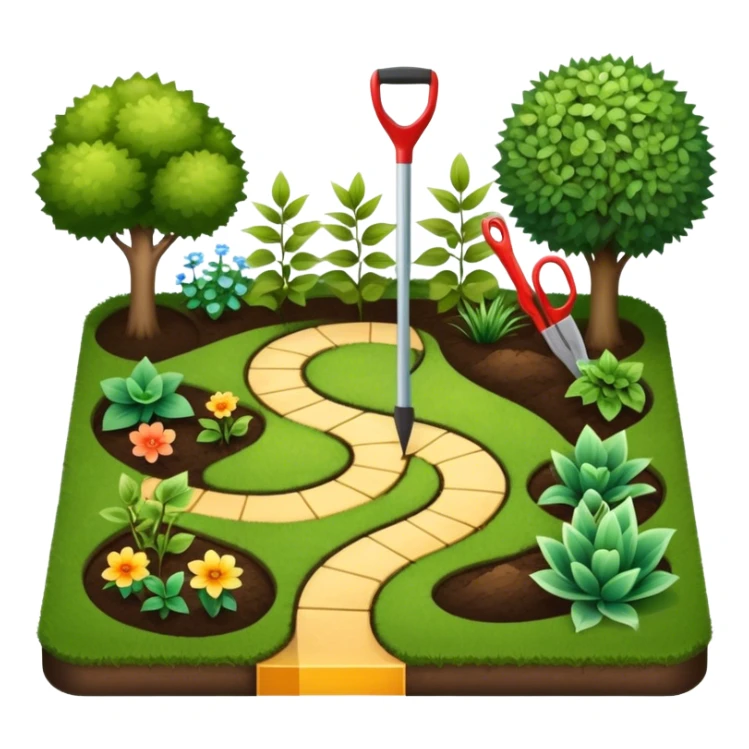 Icon for Landscape Design: a garden layout with plants, trees, paths, and design tools like a spade, pencil and measuring tape. The icon should represent creativity in outdoor space planning and gardening. Transparent background. sticker