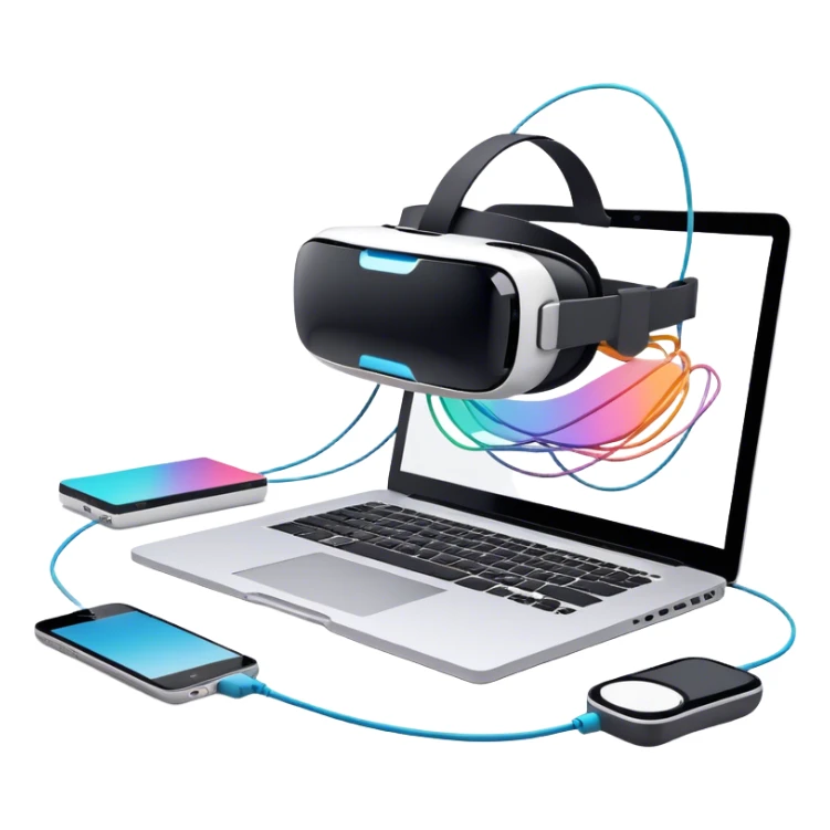 VR headset lying next to a laptop, connected by wires. On the laptop screen a VR/AR modeling program is opened. Floating 3D models or virtual objects. Modern, tech-inspired colors. No emojis or smiley faces. Transparent background. sticker
