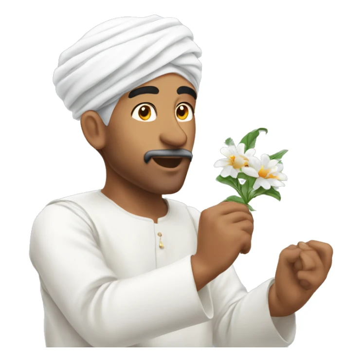 Omani man wearing white turban and catching flower on his mouth  sticker