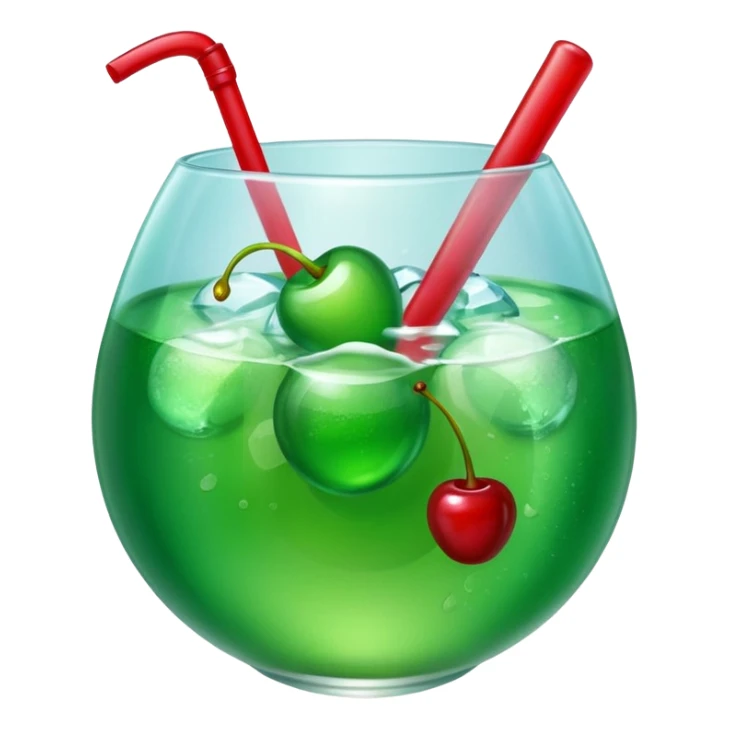 Create an emoji with a very clear rounded glass and ice, bright transparent green soda , a smooth vanilla scoop circle shape, a glossy red cherry, using vibrant colors, soft shading, and clear glass highlights.
 sticker