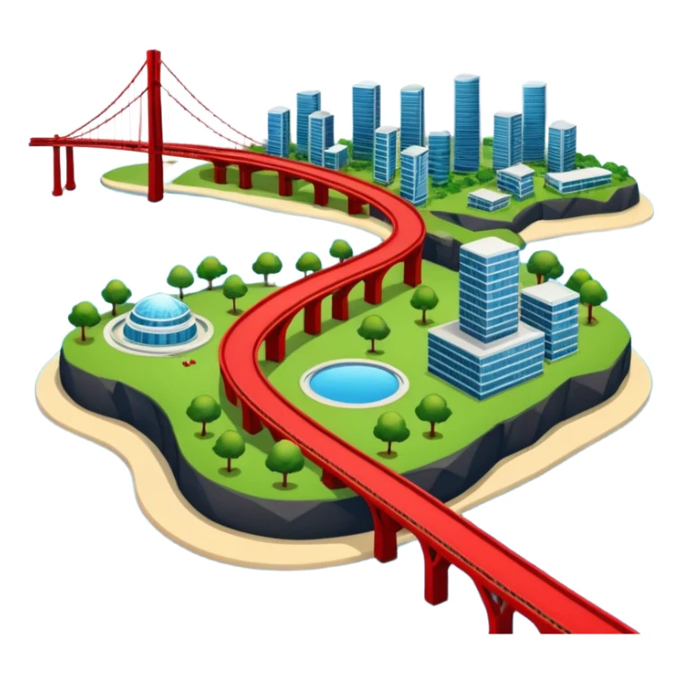 advanced modern island with advanced infrastructure, parks, contemporart buildings, and with a red bridge on one side sticker