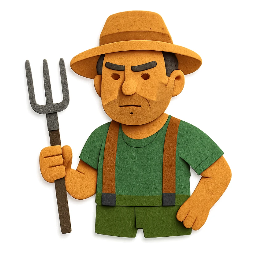 paper craft style illustration of a determined middle-aged farmer, sun-bleached face, black hair, stubble, green trousers, suspenders, green T-shirt, straw hat, holding pitchfork, warm golden-brown textured background, bold lines, vibrant earth tones, rural America sticker