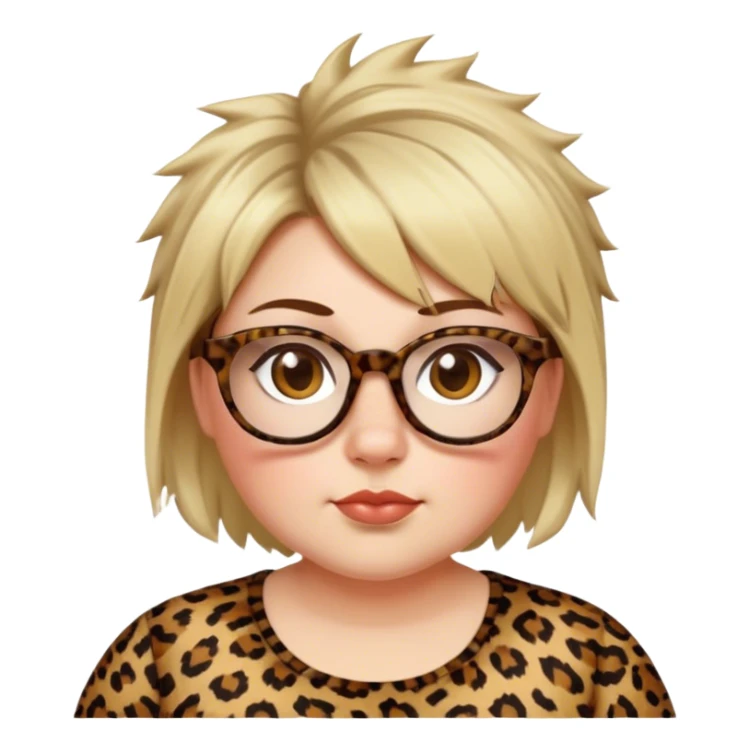 chuby white women dressed in leopard with short medium brown and blonde shaggy spiked hair wearing glasses with hazel color eyes and wide flat nose sticker