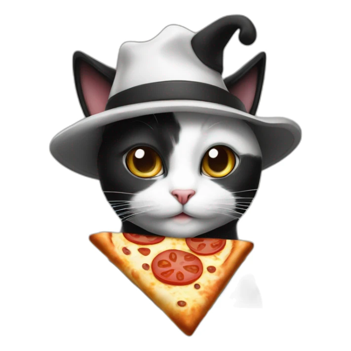 A black and white cat with italian hat and holdin a pizza sticker