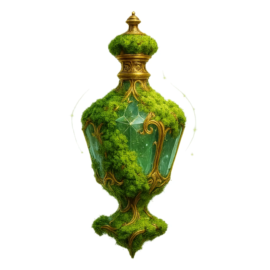 crystal luxurious elixir bottle covered with living green moss, lots of glowing edges, ornate golden details, magical effects, very small golden neck, beautiful merging base, clearly floating in air, no base or shadow, very luxurious, natural, magical, fits collection, transparent background sticker