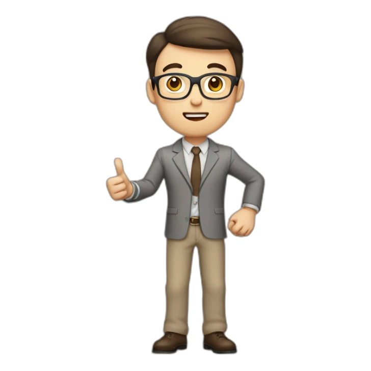 To belt Actively gesturing with hands Pale skinned fit man teacher with dark brown hair in gray jacket, beige office shirt, brown tie, brown pants and vintage glasses. sticker