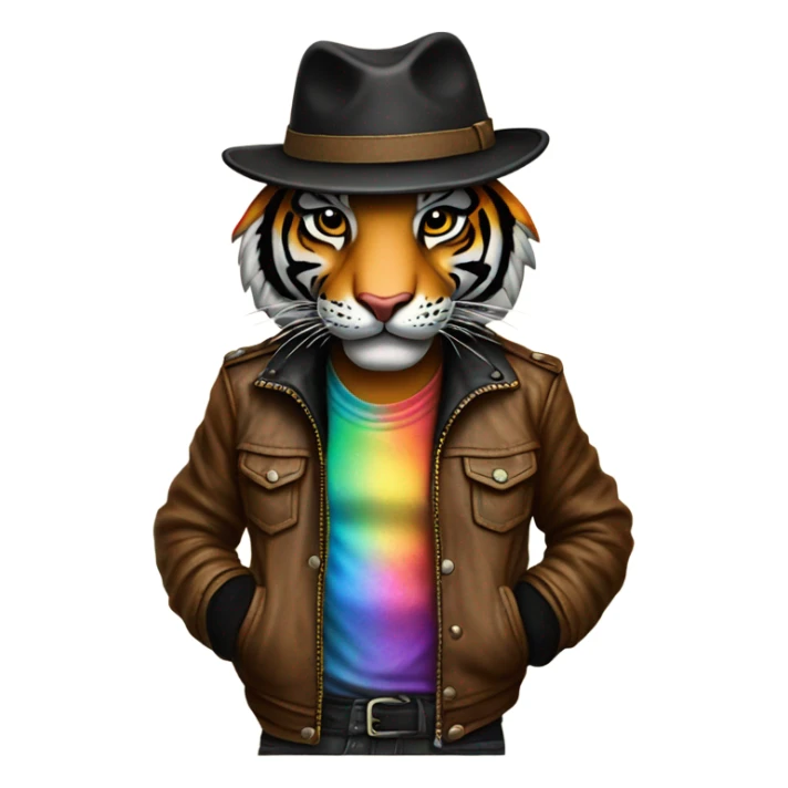 A tiger wearing a leather jacket and fedora with rainbow pajama pants and Black Lives Matter on his wrist as a tattoo sticker