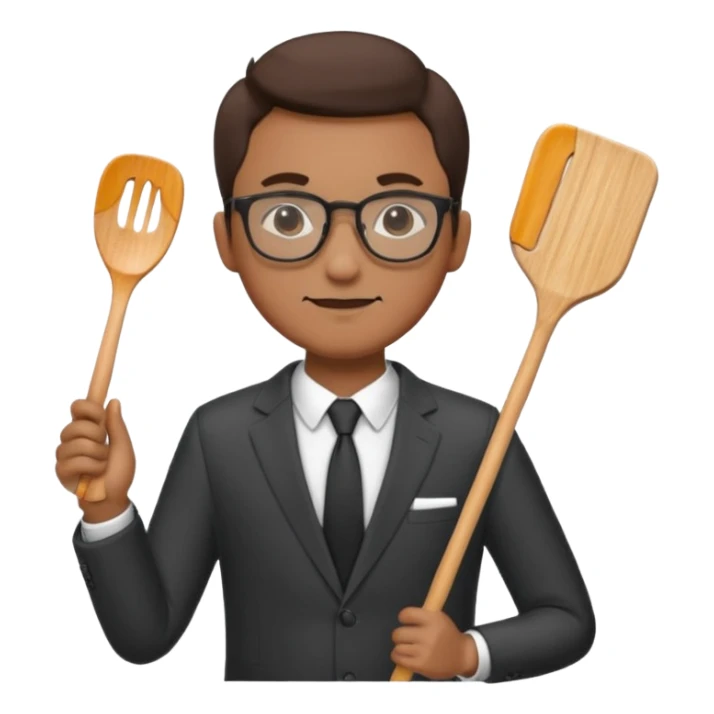 man with glasses wearing a suit and holding a spatula sticker