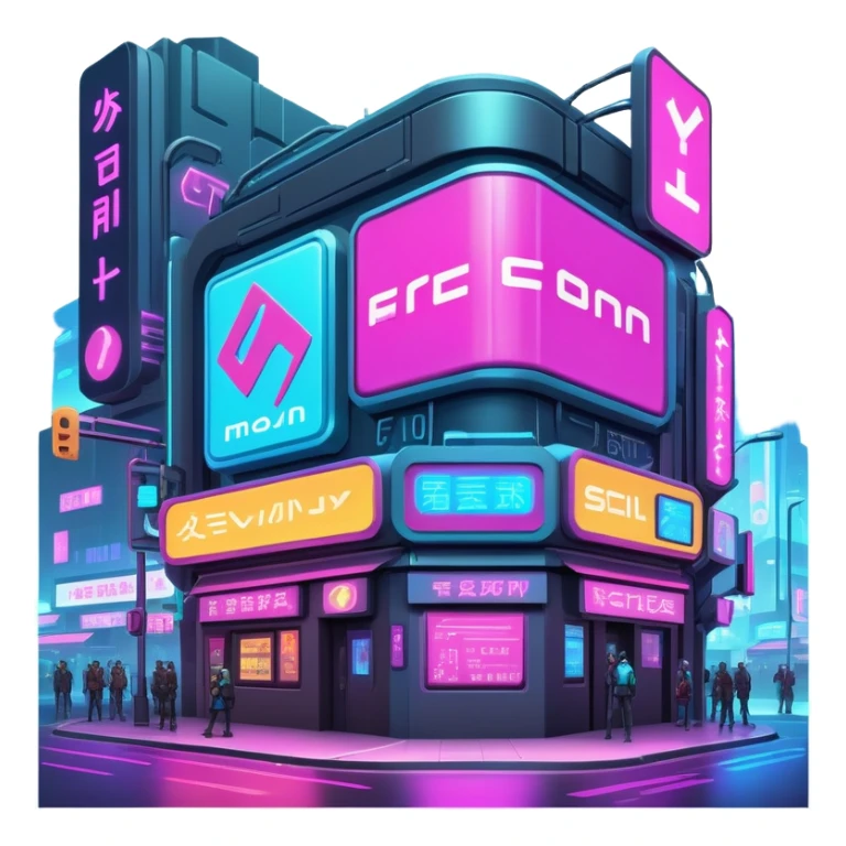Cyberpunk street corner with neon blinking signage and holographic advertisements sticker