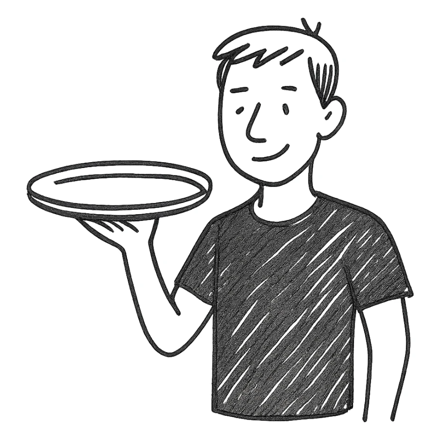 A guy waiter in a black T-shirt with a tray in his hand sticker