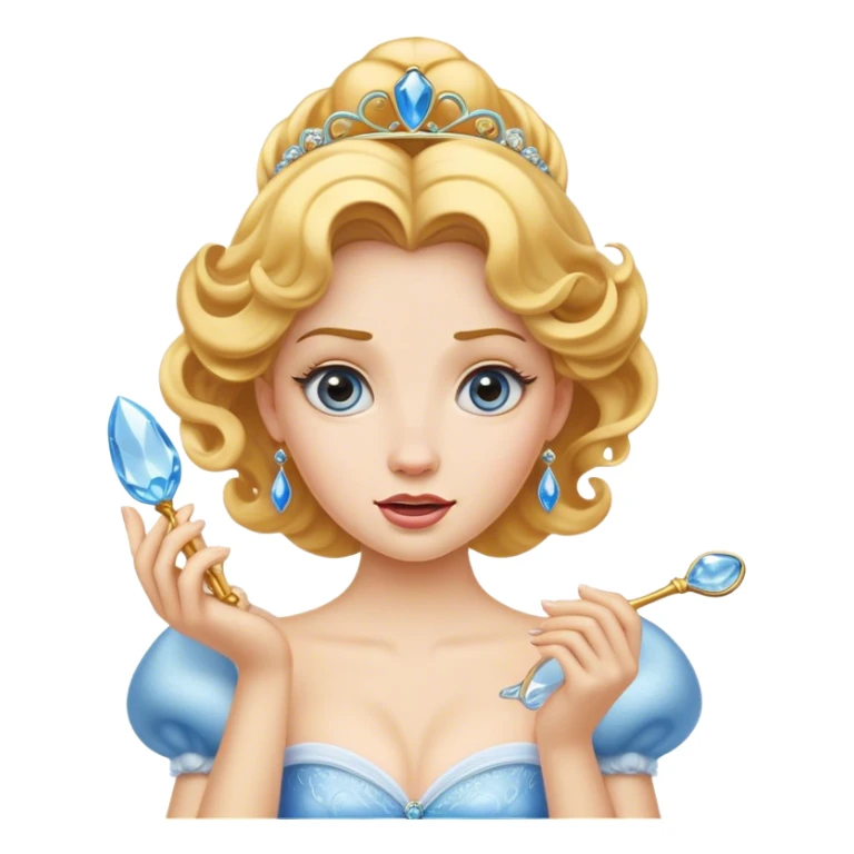 Cinematic Funny Cinderella Portrait Emoji, Stunned expression as she holds a glass slipper much too big, one eyebrow raised, golden curls slightly messy, a mix of royal grace and unexpected humor, capturing a lighthearted twist on her fairy tale moment! sticker