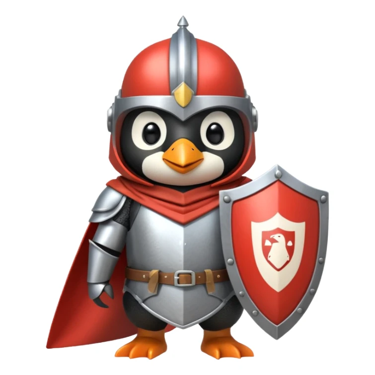 penguin in full knight armor with a helmet and shield sticker