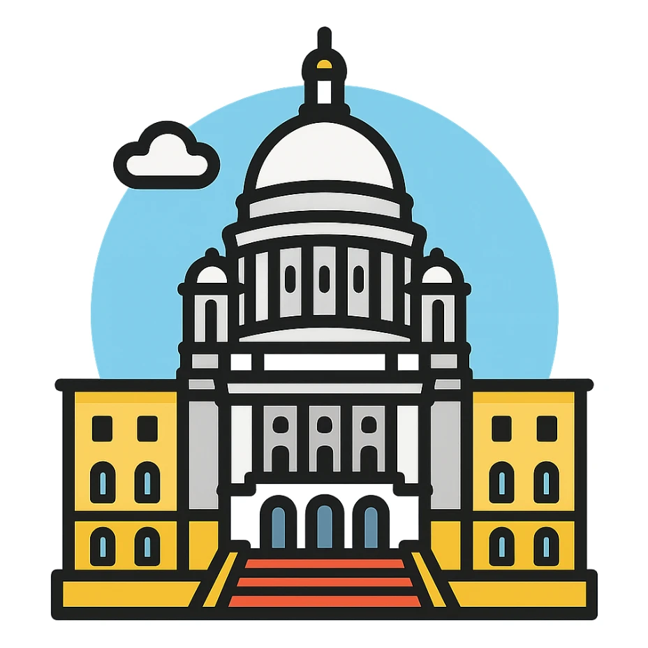 Rhode Island State House with iconic white marble dome, neoclassical architecture, grand steps, clear sky, detailed, suitable for an emoji or icon sticker