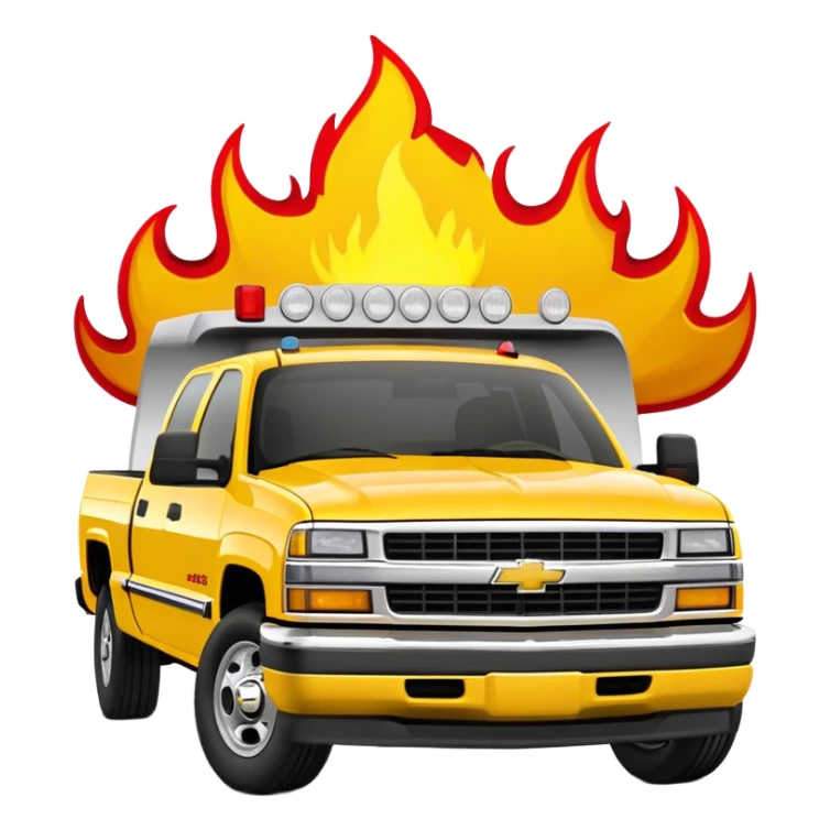 Bright yellow 1997 Chevrolet C-2500 Crew Cab Silverado from Kill Bill with red flame decals on the front hood, 30-degree view showing flames clearly, iOS emoji style sticker
