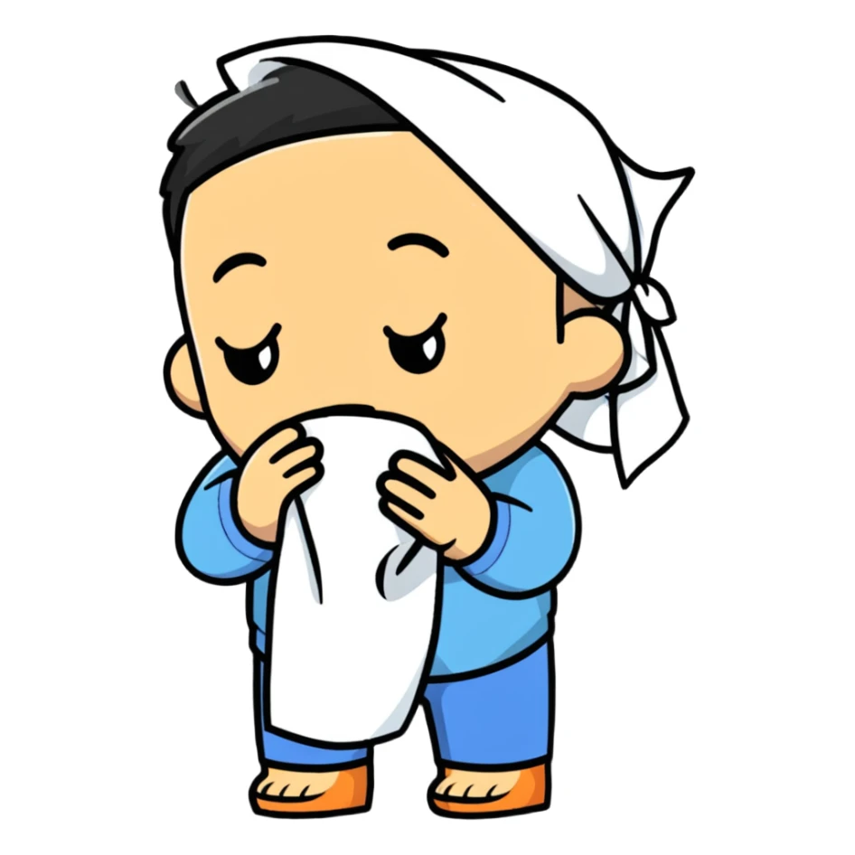 Cartoon character wiping forehead with handkerchief, sweating heavily sticker