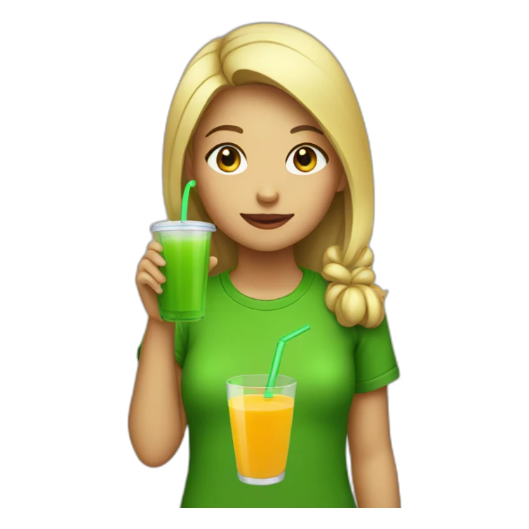 girl drinking a juice with a green t-shirt sticker