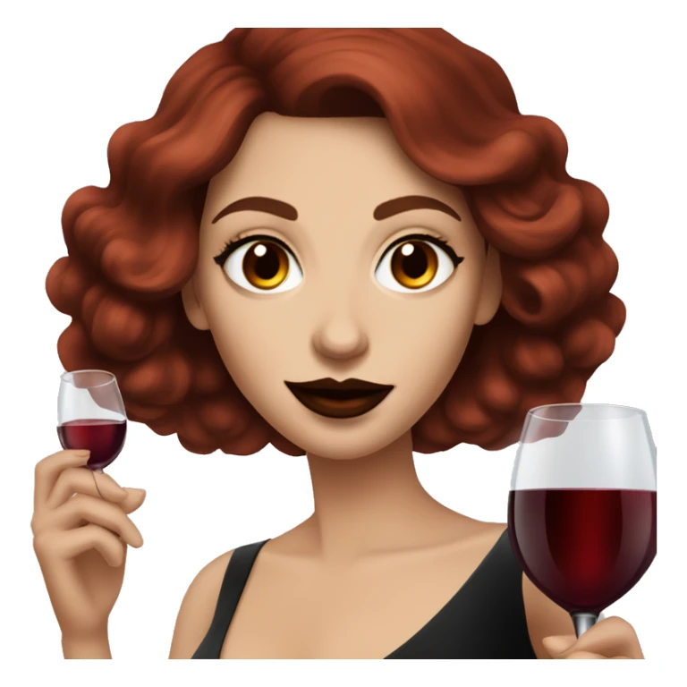 Dark red haired beautiful white women with dark red lips and brown eyes drinking wine in a black gown sticker